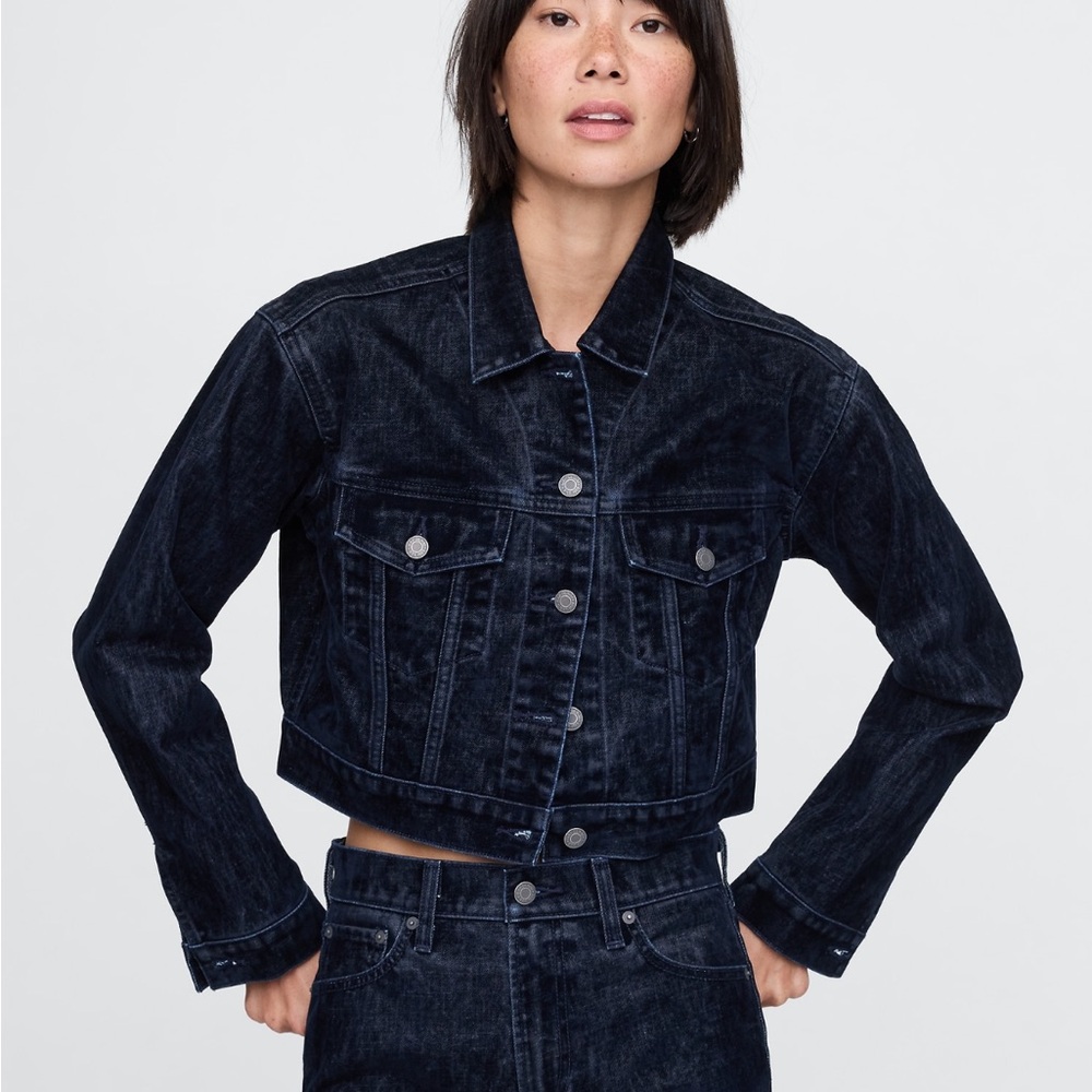 GAP Dark Indigo Flocked Velvet Cropped Denim Jacket